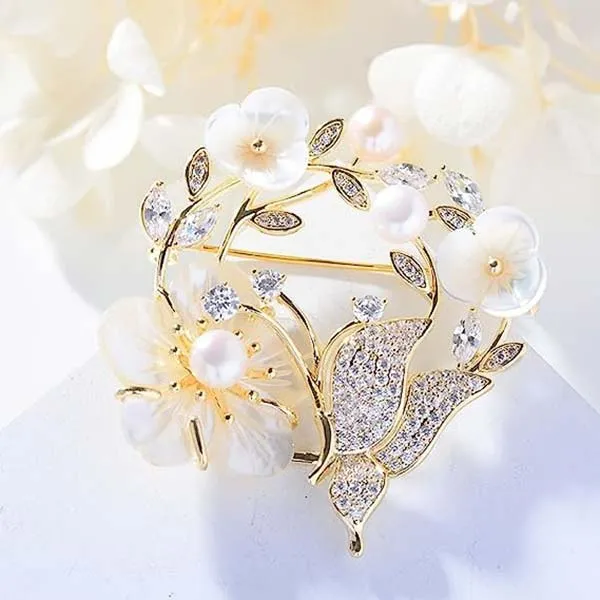 Cài Áo Meri Vòng Hoa Xà Cừ Sang Trọng BR467 Màu Trắng Vàng