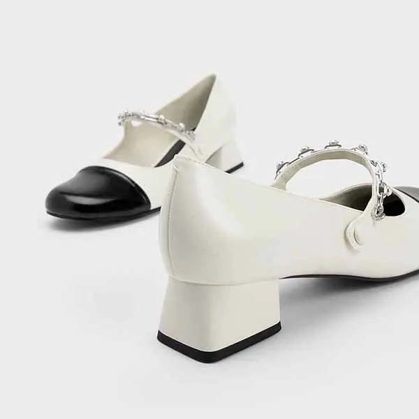 Giày Cao Gót Charles & Keith CNK Beaded Chain-Link Mary Janes CK1-60580265_WHITE Màu Trắng Size 36