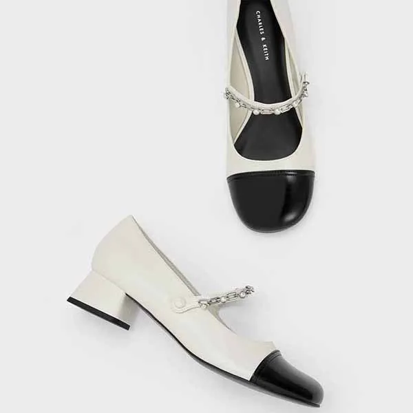 Giày Cao Gót Charles & Keith CNK Beaded Chain-Link Mary Janes CK1-60580265_WHITE Màu Trắng Size 36