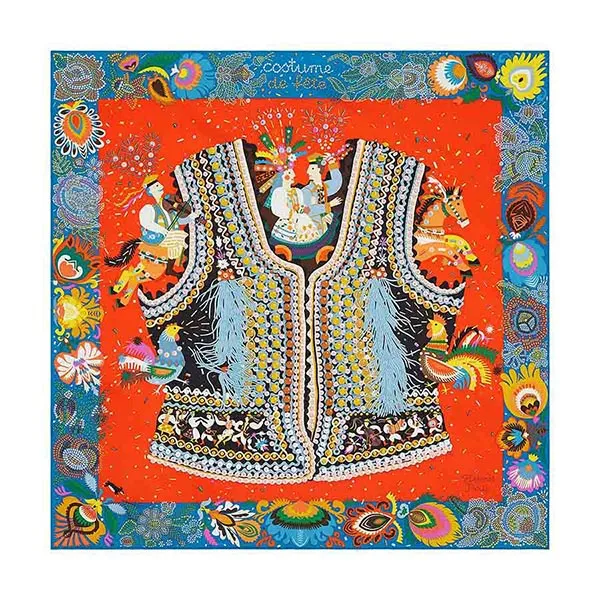 Khăn Hermès Costume De Fete Scarf 90 Vermillon / Bleu Azur / Multicolore Phối Màu