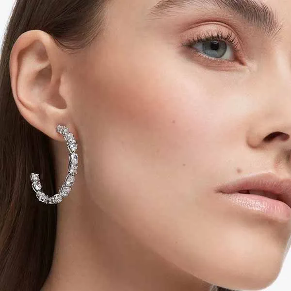 Khuyên Tai Swarovski Tennis Deluxe Hoop Earrings Mixed Cuts, White, Rhodium Plated 5562128 Màu Bạc