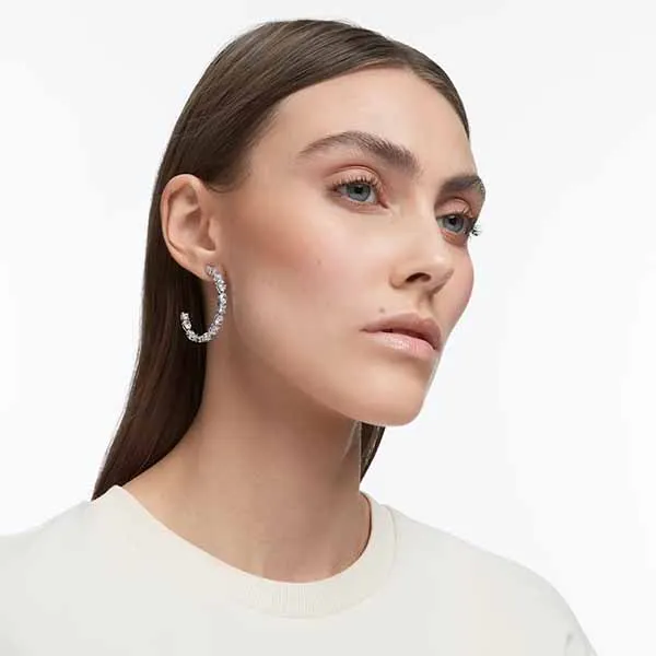 Khuyên Tai Swarovski Tennis Deluxe Hoop Earrings Mixed Cuts, White, Rhodium Plated 5562128 Màu Bạc