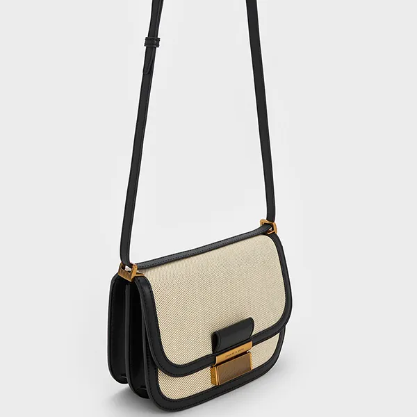 Túi Đeo Chéo Charles & Keith CNK Charlot Canvas Crossbody Bag - Black 80782074 Màu Đen Kem