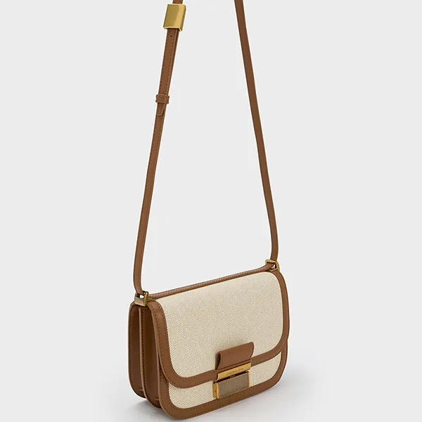 Túi Đeo Chéo Nữ Charles & Keith CNK Charlot Canvas Crossbody Bag - Chocolate 80782074 Màu Nâu Kem