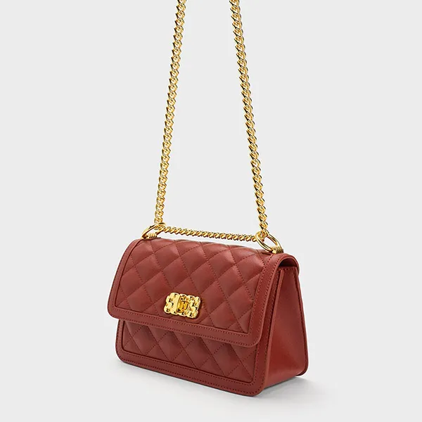 Túi Đeo Chéo Charles & Keith CNK Micaela Quilted Chain Bag 80151244-1 Brick Màu Đỏ Gạch