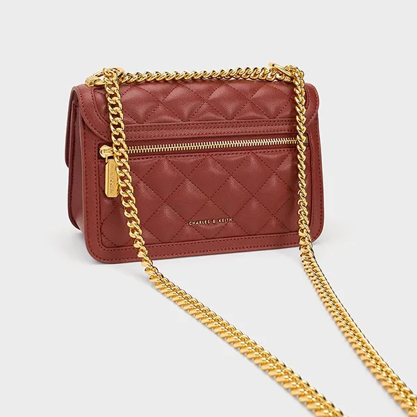 Túi Đeo Chéo Charles & Keith CNK Micaela Quilted Chain Bag 80151244-1 Brick Màu Đỏ Gạch