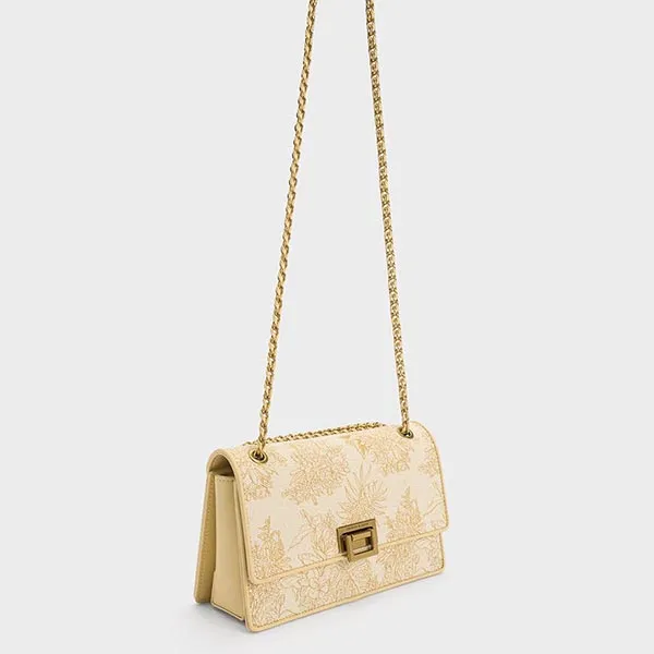 Túi Đeo Vai Nữ Charles & Keith CNK Floral Illustrated Canvas Shoulder Bag 20681074 Màu Be