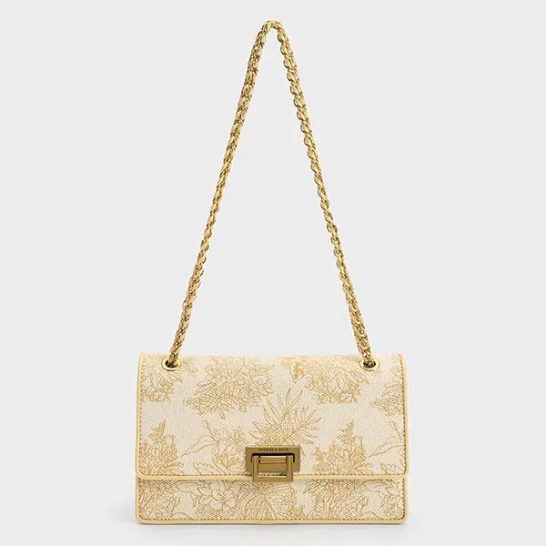 Túi Đeo Vai Nữ Charles & Keith CNK Floral Illustrated Canvas Shoulder Bag 20681074 Màu Be
