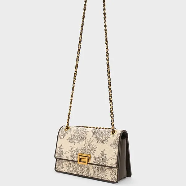 Túi Đeo Vai Nữ Charles & Keith CNK Floral Illustrated Canvas Shoulder Bag 20681074 Màu Dark Moss