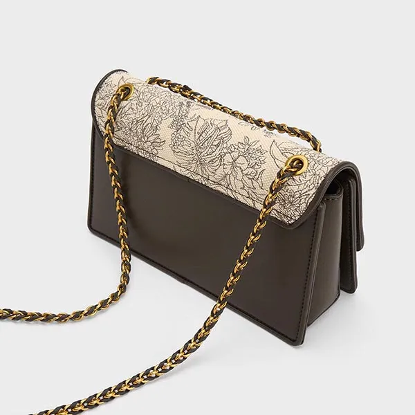 Túi Đeo Vai Nữ Charles & Keith CNK Floral Illustrated Canvas Shoulder Bag 20681074 Màu Dark Moss