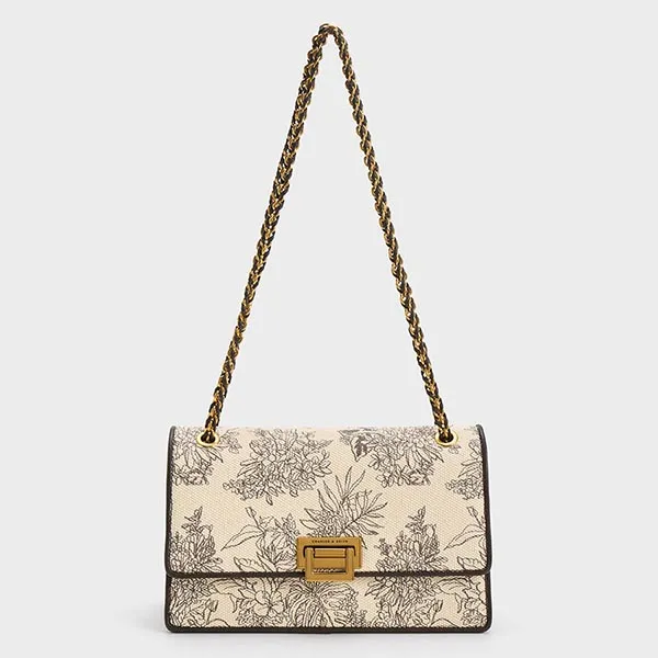 Túi Đeo Vai Nữ Charles & Keith CNK Floral Illustrated Canvas Shoulder Bag 20681074 Màu Dark Moss