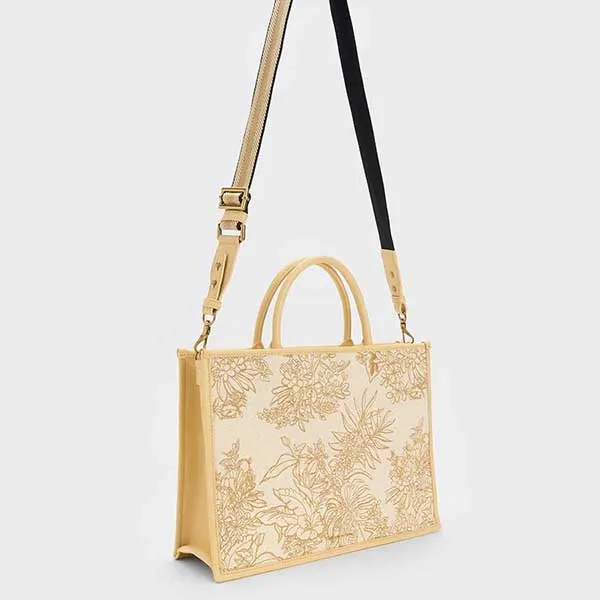 Túi Tote Nữ Charles & Keith CNK Floral Illustrated Canvas Tote Bag 30782070 Màu Be