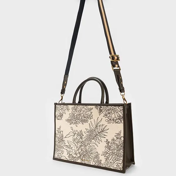 Túi Tote Nữ Charles & Keith CNK Floral Illustrated Canvas Tote Bag 30782070 Màu Dark Moss