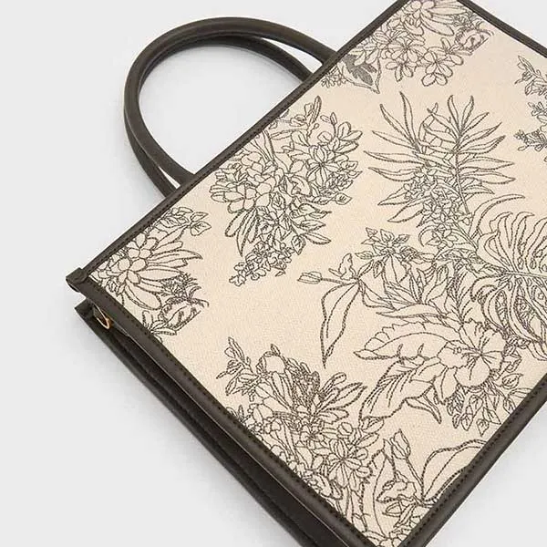 Túi Tote Nữ Charles & Keith CNK Floral Illustrated Canvas Tote Bag 30782070 Màu Dark Moss