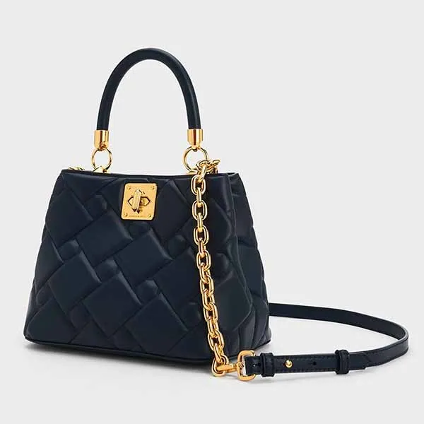 Túi Xách Nữ Charles & Keith CNK Tillie Quilted Top Handle Bag CK2-50782081 Màu Xanh Navy