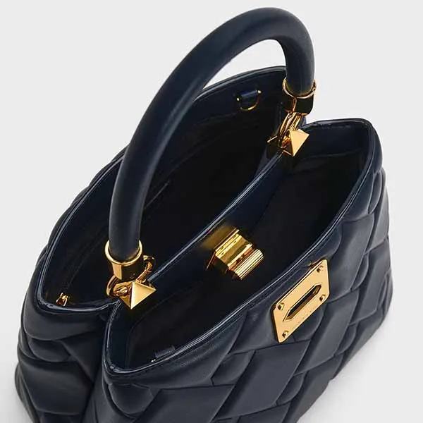 Túi Xách Nữ Charles & Keith CNK Tillie Quilted Top Handle Bag CK2-50782081 Màu Xanh Navy