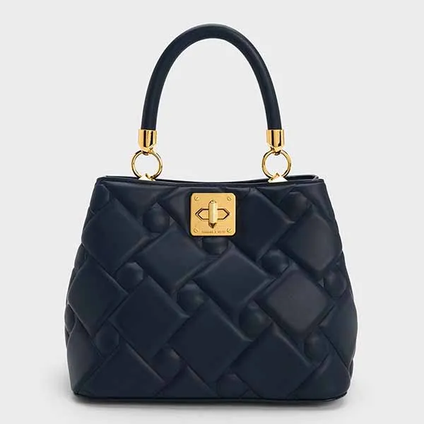 Túi Xách Nữ Charles & Keith CNK Tillie Quilted Top Handle Bag CK2-50782081 Màu Xanh Navy
