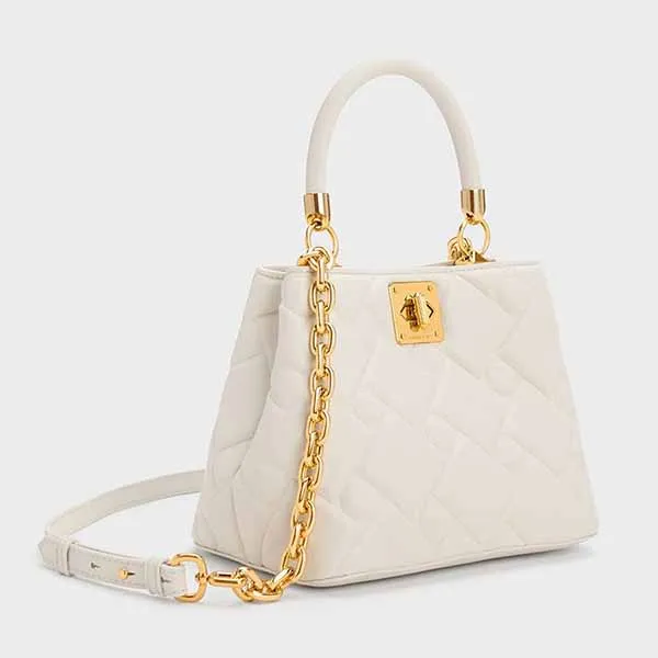 Túi Xách Nữ Charles & Keith CNK Tillie Quilted Top Handle Bag Cream 50782081 Màu Trắng Kem