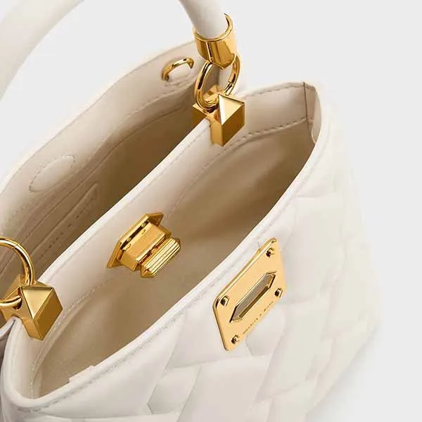 Túi Xách Nữ Charles & Keith CNK Tillie Quilted Top Handle Bag Cream 50782081 Màu Trắng Kem