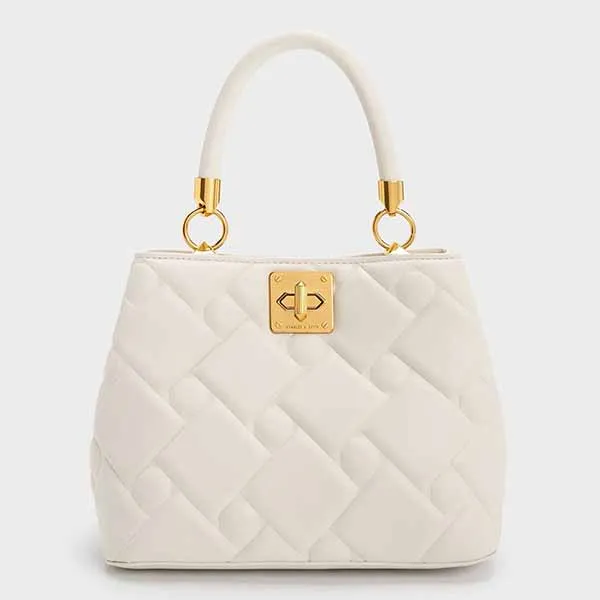 Túi Xách Nữ Charles & Keith CNK Tillie Quilted Top Handle Bag Cream 50782081 Màu Trắng Kem