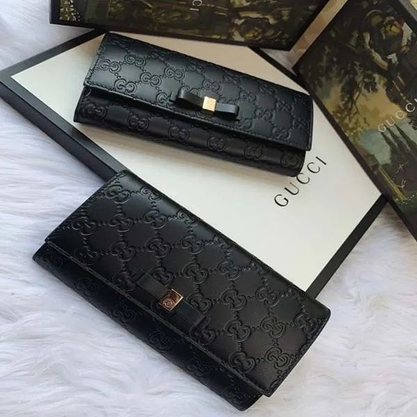 Ví Gucci Black Guccissima Leather Bow Flap Continental Wallet Màu Đen