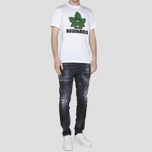 Áo Phông Nam Dsquared2 White Maple Leaf Printed Tshirt S71GD1279 S23009 100 Màu Trắng