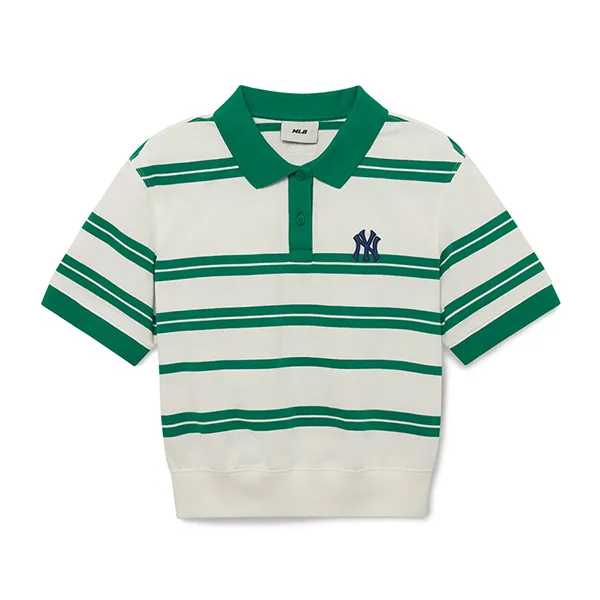 Áo Polo Nữ MLB Varsity Striped Crop Collar T-Shirt New York Yankees 3FPQV0133-50GNP Màu Trắng/Xanh Green Size S