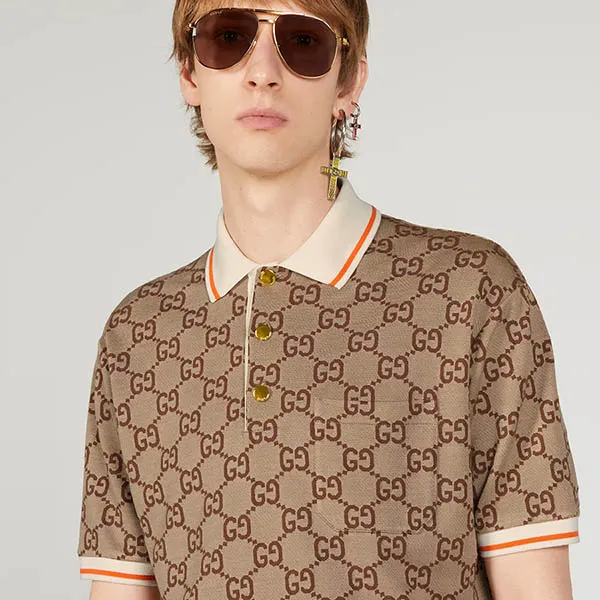 Áo Polo Nam Gucci GG Cotton Silk ‎742384 XJFGU 2270 Màu Nâu Be Size XS