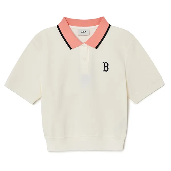 Áo Polo Nữ MLB Crop Boston Red Sox 3FPQB0333-43IVS Màu Hồng Trắng Size XS