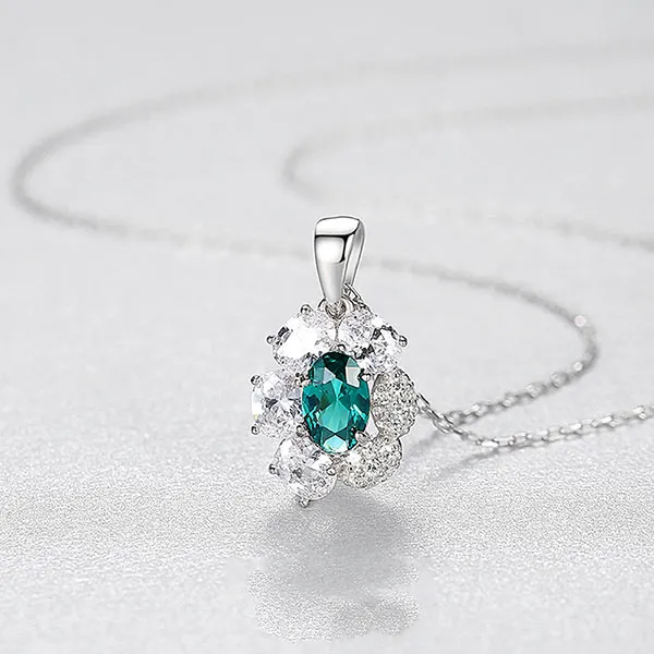 Dây Chuyền Nữ Kya Jewel Flower Đá CZ Cao Cấp SN185 Màu Bạc Phối Xanh