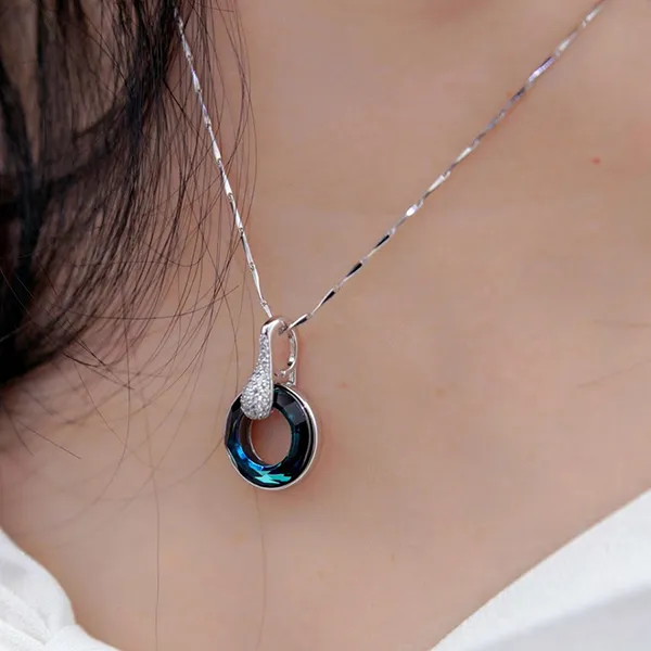 Dây Chuyền Nữ Kya Jewel Swarovski Tròn Thanh Lịch SN61 Màu Xanh Bạc