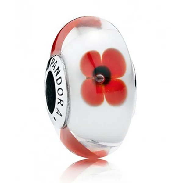 Hạt Vòng Charm Pandora Wild Flower Tribute Murano 791636 Màu Trắng Đỏ