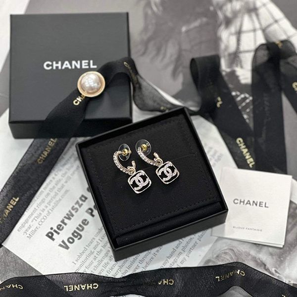 Khuyên Tai Chanel Classic Hollow Square Double C Logo Earrings Màu Bạc - 1
