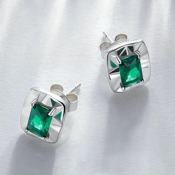 Khuyên Tai Nữ Kya Jewel Square Đá CZ Cao Cấp E178 Màu Bạc Phối Xanh