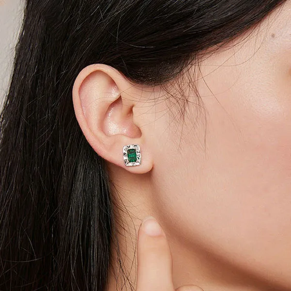 Khuyên Tai Nữ Kya Jewel Square Đá CZ Cao Cấp E178 Màu Bạc Phối Xanh