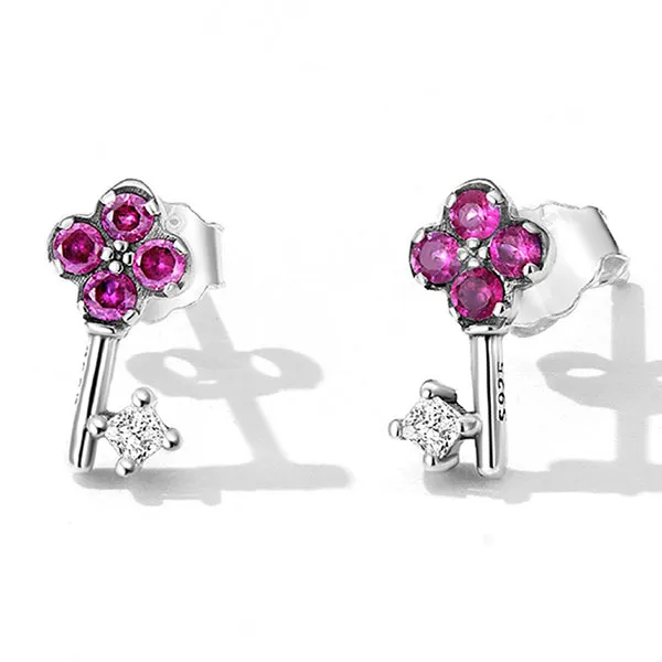 Khuyên Tai Nữ Kya Jewel Key Đá CZ Hồng E167 Màu Bạc Phối Hồng