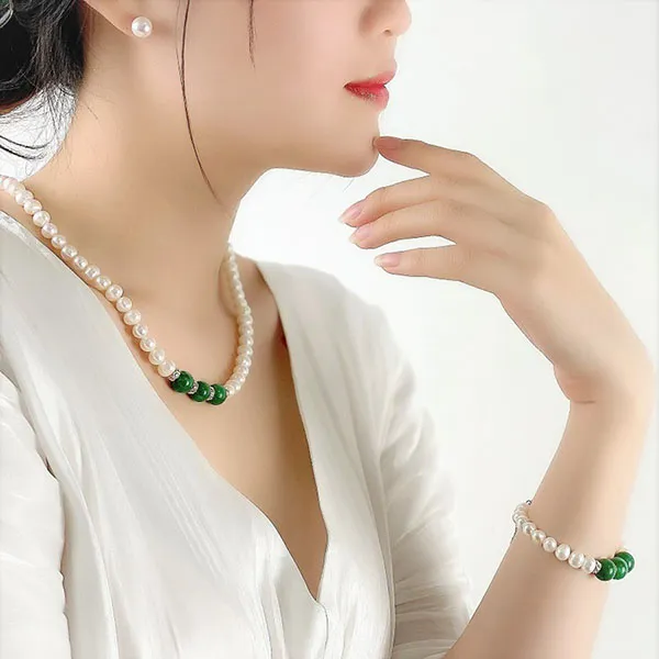 Set Dây Chuyền + Vòng Tay + Khuyên Tai Nữ Minh Hà Pearl Jewelry Ngọc Trai Đính Đá Cẩm Thạch Màu Xanh Trắng - Trang sức - Vua Hàng Hiệu