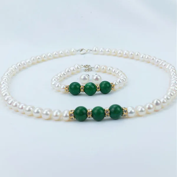 Set Dây Chuyền + Vòng Tay + Khuyên Tai Nữ Minh Hà Pearl Jewelry Ngọc Trai Đính Đá Cẩm Thạch Màu Xanh Trắng - Trang sức - Vua Hàng Hiệu