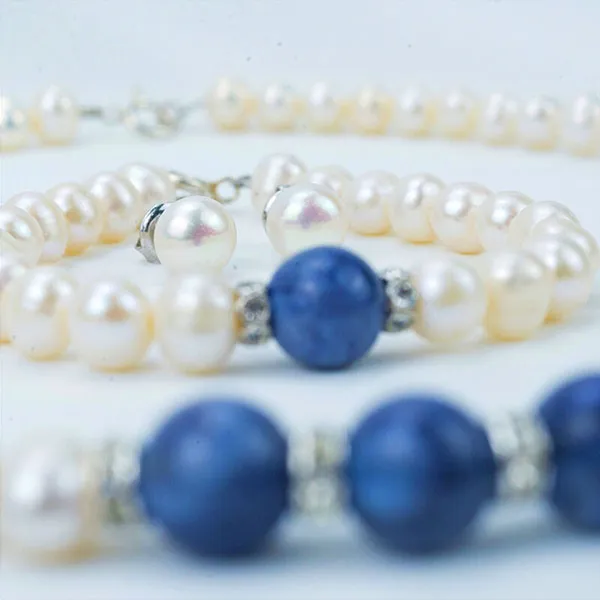 Set Dây Chuyền + Vòng Tay + Khuyên Tai Nữ Minh Hà Pearl Jewelry Ngọc Trai Phối Đá Mã Não Màu Xanh Trắng