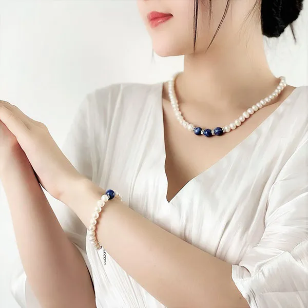Set Dây Chuyền + Vòng Tay + Khuyên Tai Nữ Minh Hà Pearl Jewelry Ngọc Trai Phối Đá Mã Não Màu Xanh Trắng