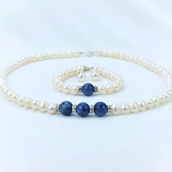 Set Dây Chuyền + Vòng Tay + Khuyên Tai Nữ Minh Hà Pearl Jewelry Ngọc Trai Phối Đá Mã Não Màu Xanh Trắng