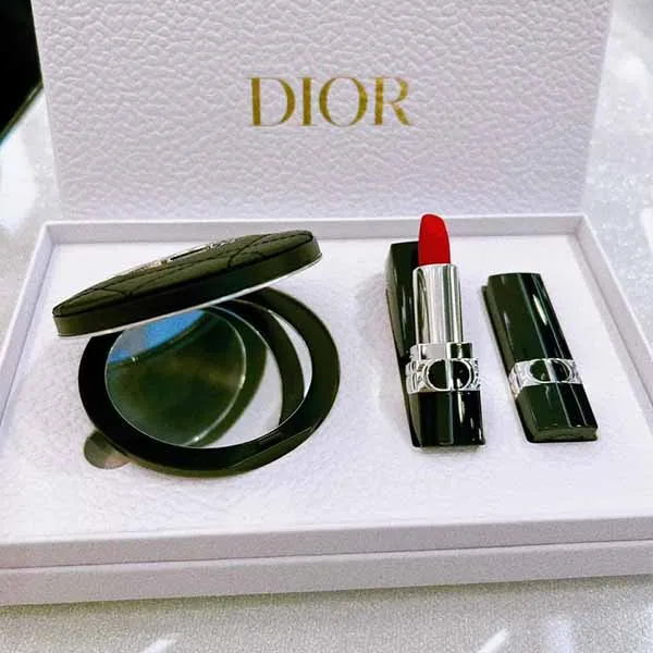 Set Son Dior 999 Và Dior 100 Minisize + Gương Vỏ Da - Son Môi - Vua Hàng Hiệu