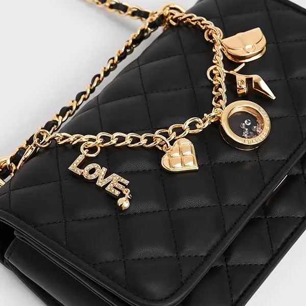 Túi Đeo Vai Nữ Charles & Keith CNK Charm-Embellished Quilted Clutch CK2-70840477 Màu Đen