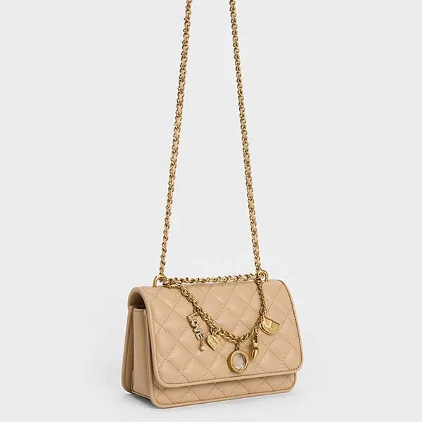 Túi Đeo Vai Nữ Charles & Keith CNK Charm-Embellished Quilted Clutch CK2-70840477 Màu Nude