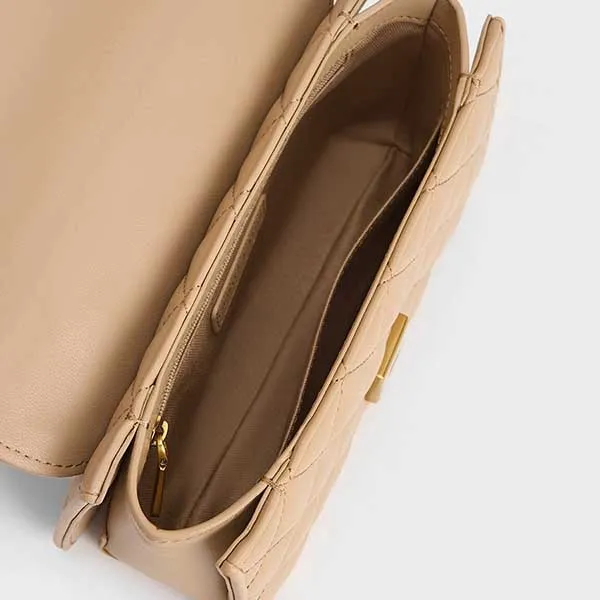 Túi Đeo Vai Nữ Charles & Keith CNK Charm-Embellished Quilted Clutch CK2-70840477 Màu Nude