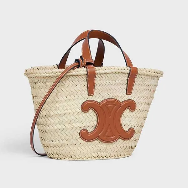 Túi Xách Nữ Celine Teen Triomphe Classic Panier In Palm Leaves And Calfskin Tan 194002EFA.04LU Màu Nâu Trắng - Túi xách - Vua Hàng Hiệu