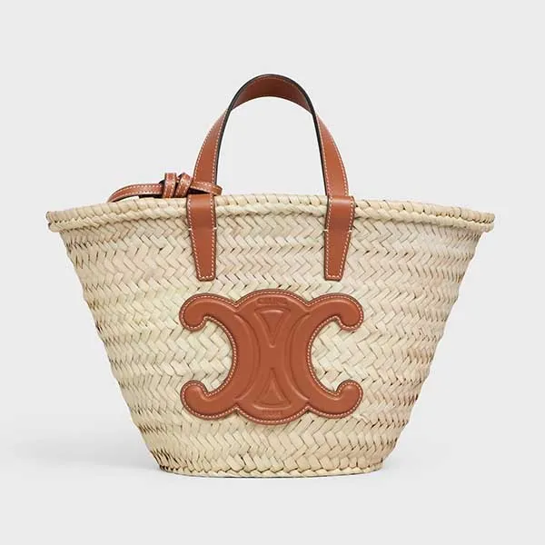 Túi Xách Nữ Celine Teen Triomphe Classic Panier In Palm Leaves And Calfskin Tan 194002EFA.04LU Màu Nâu Trắng - Túi xách - Vua Hàng Hiệu