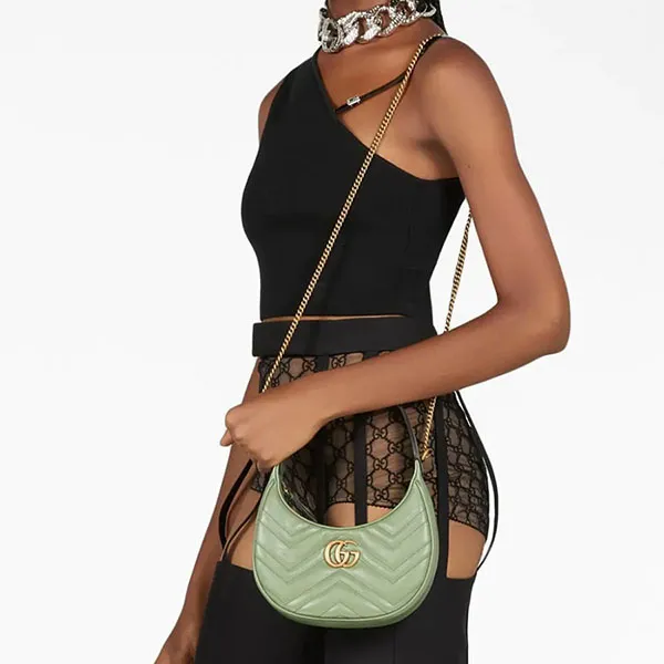Túi Xách Tay Nữ Gucci GG Marmont Half-Moon Shaped Mini Bag Màu Xanh Green