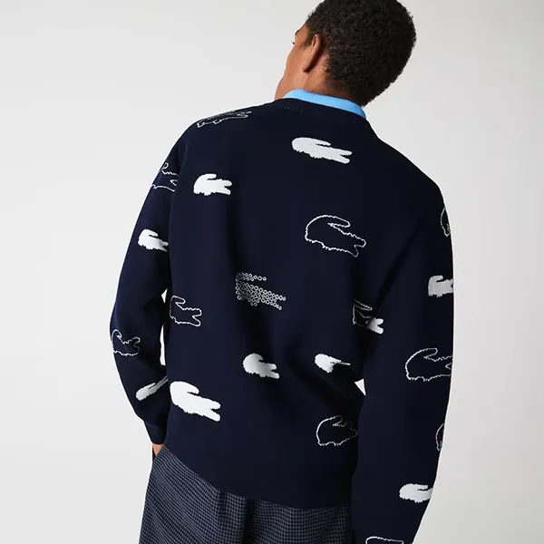 Áo Len Nam Lacoste Made In France Crew Neck Organic Cotton Jacquard Sweater AH2693 51HHW Màu Xanh Navy Size 4-M
