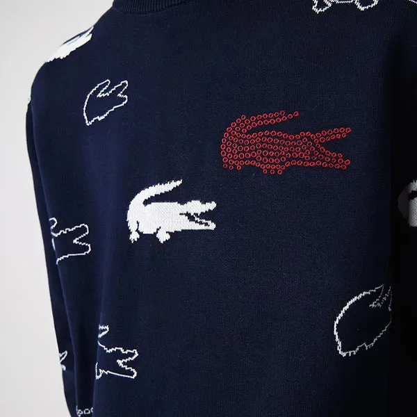 Áo Len Nam Lacoste Made In France Crew Neck Organic Cotton Jacquard Sweater AH2693 51HHW Màu Xanh Navy Size 4-M